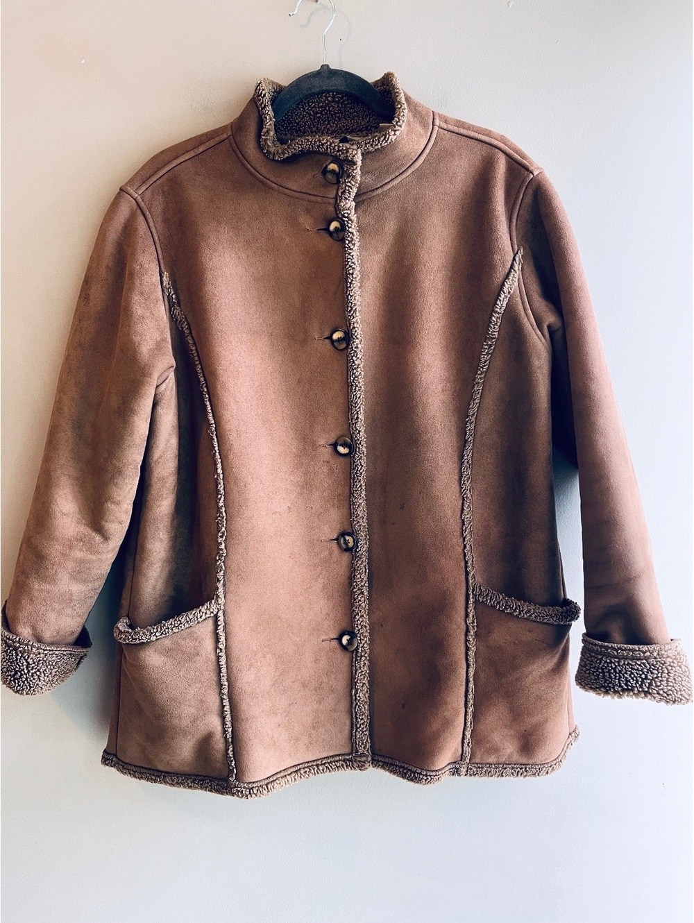 L.L.Bean Women's Large Brown Faux Shearling Coat with Button Closure